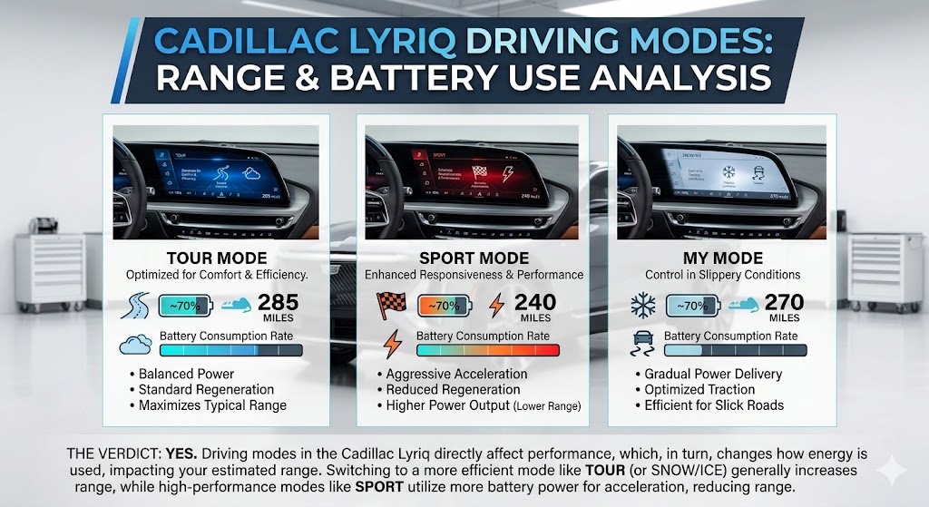 Do driving modes in the Cadillac Lyriq actually change range and battery use?